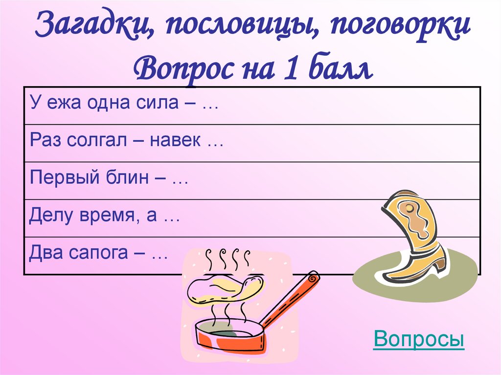 Загадки, пословицы, поговорки Вопрос на 1 балл
