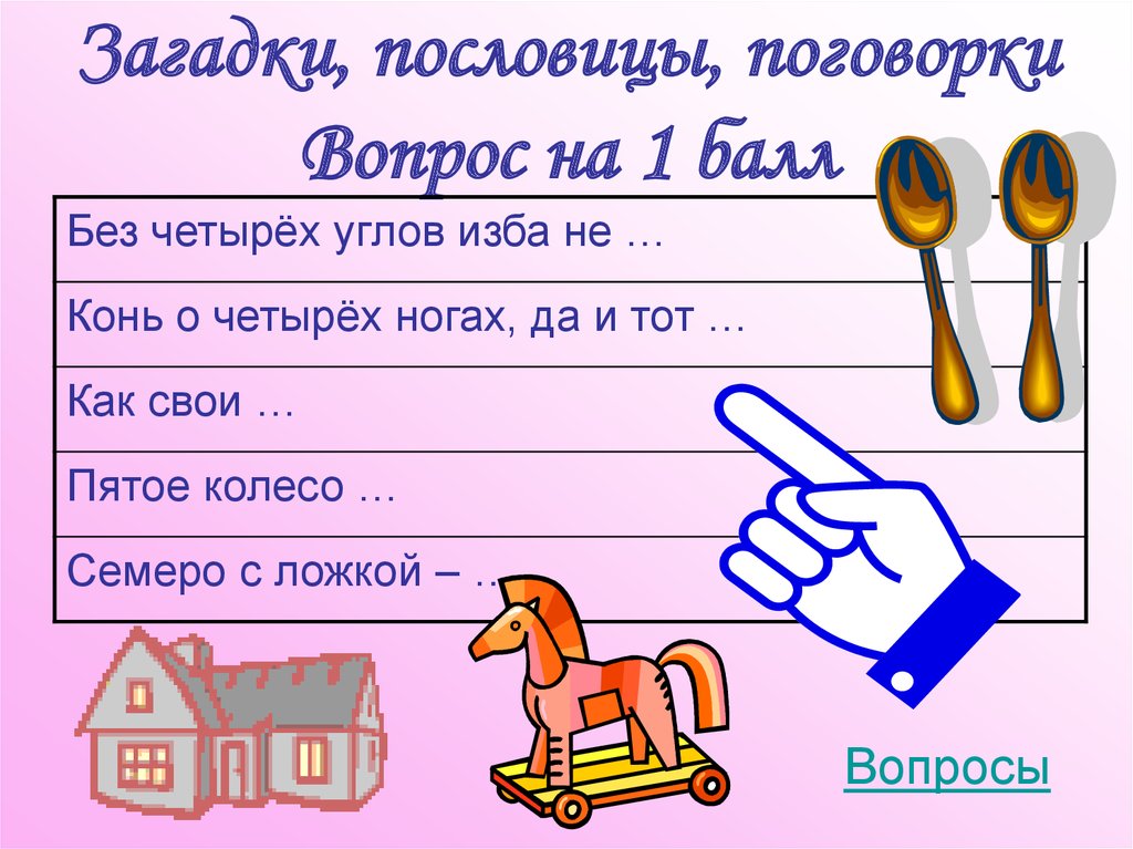 Загадки, пословицы, поговорки Вопрос на 1 балл