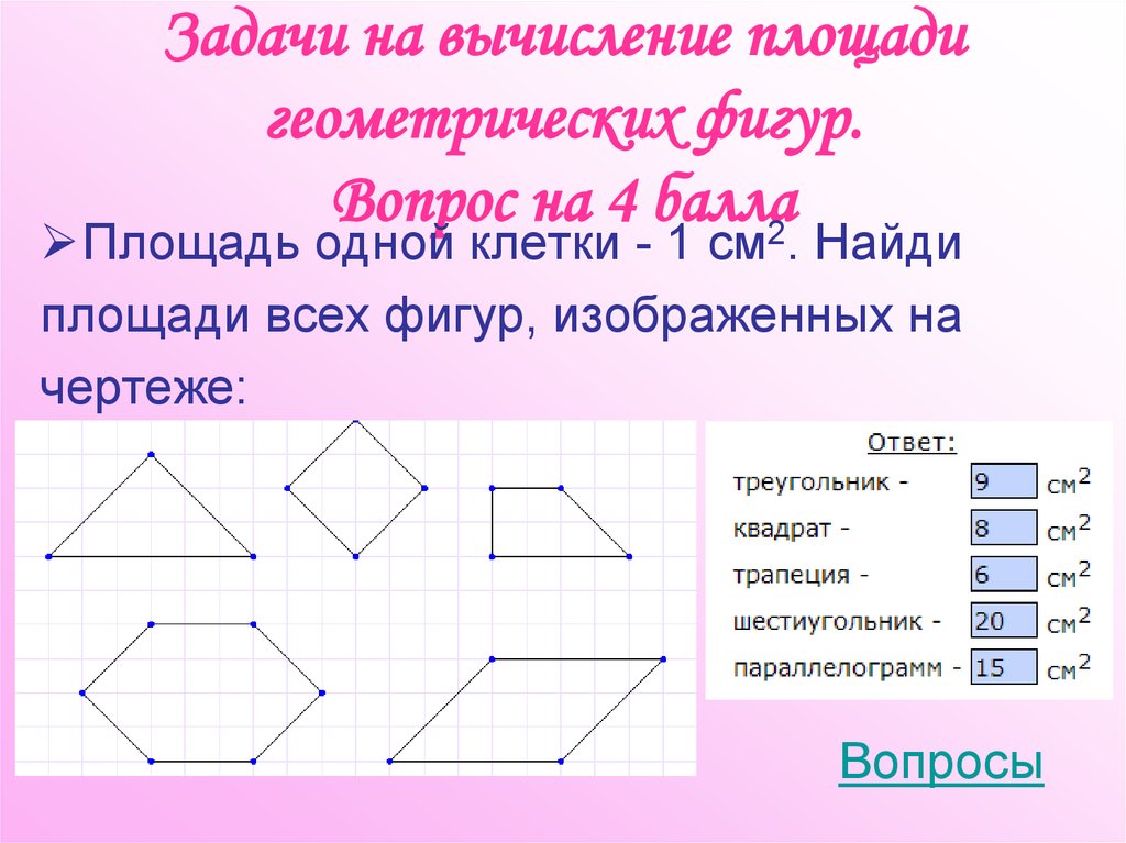 Задачи на вычисление площади геометрических фигур. Вопрос на 4 балла