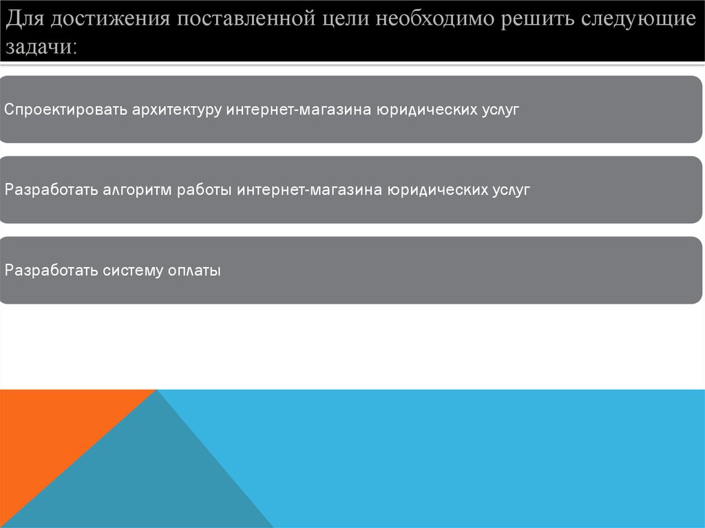 Для достижения цели необходимо решить следующие задачи. Для достижения поставленной цели необходимо решить следующие задачи.