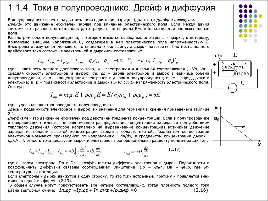 Составляющие токов. Дрейфовый и диффузионный токи в полупроводниках. Токи в полупроводнике дрейфовый ток. Дрейфовое и диффузионное движение носителей заряда в полупроводнике. Ток диффузии и дрейфовый ток.