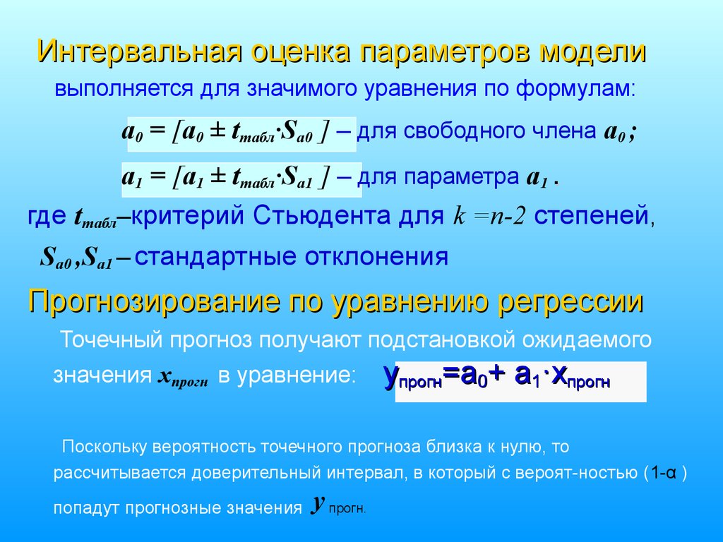 Оценка регрессии. Интервальные оценки параметров. Оценка параметров регрессии. Интервальные оценки параметров регрессии. Интервальные оценки для параметров парной регрессии.