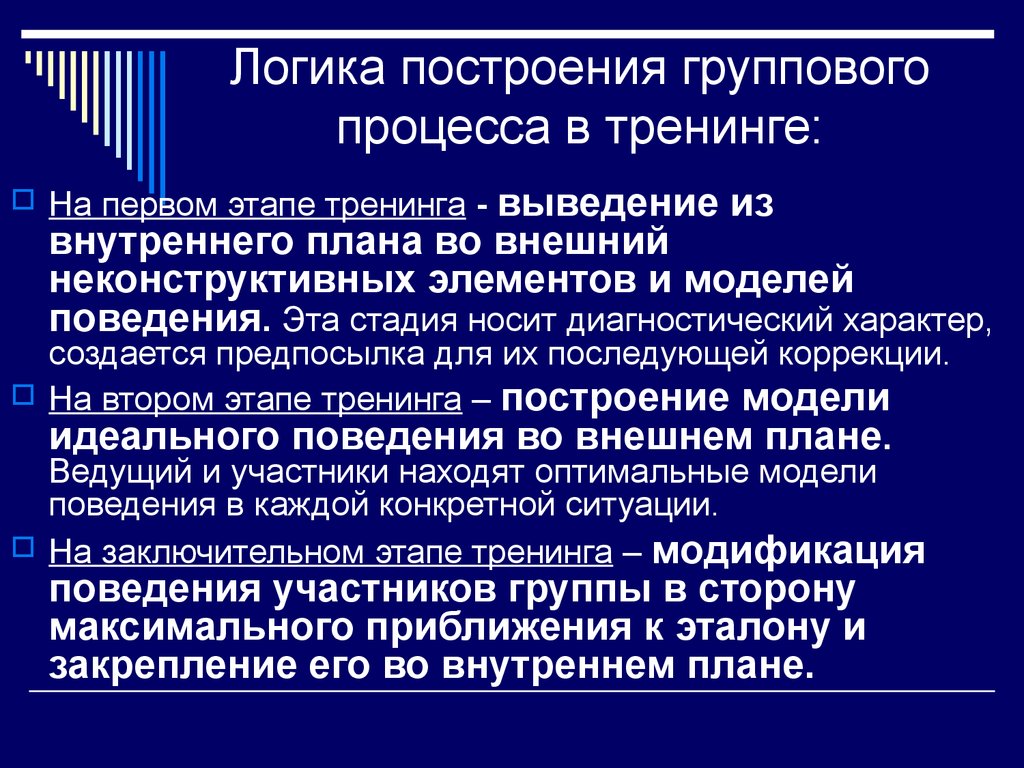 Динамичность совокупности. Логика построения группового процесса в тренинге. Основы построения групповой технологии. Технология группового тренинга. Проблемная логика в тренинге.