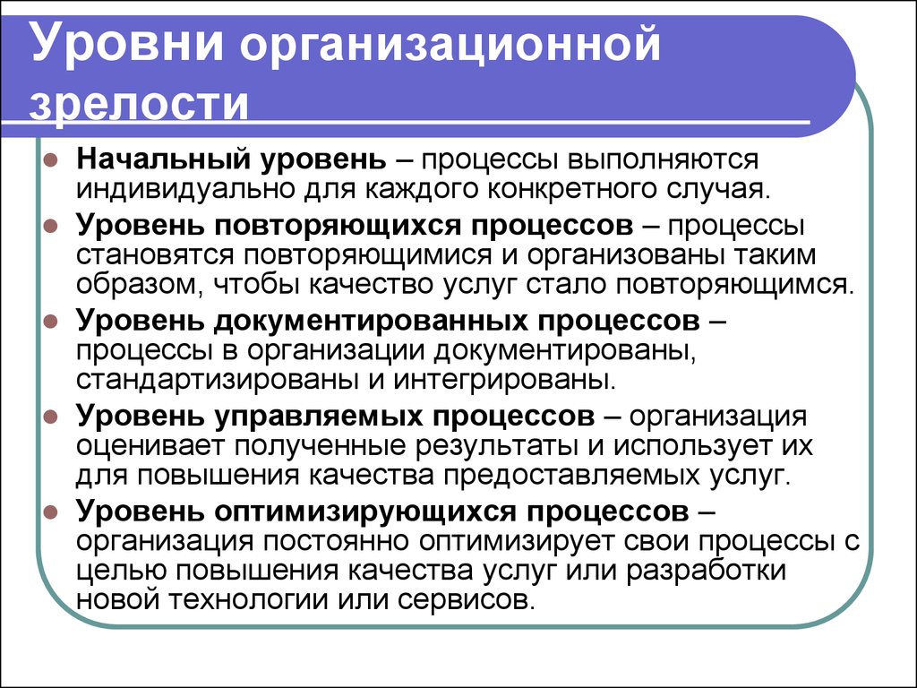 Уровни процессов. Уровни зрелости организации. Уровни зрелости процессов. Уровни организационной зрелости. Характеристики уровней организационной зрелости.