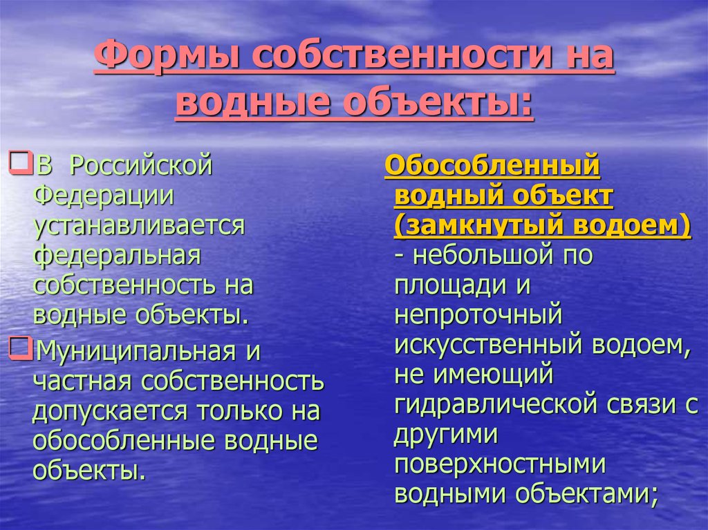 Государственное водное объекта. Водные объекты в частной собственности. Формы собственности на водные объекты. Формы собственности на водные объекты в РФ. Собственность и иные права на водные объекты..