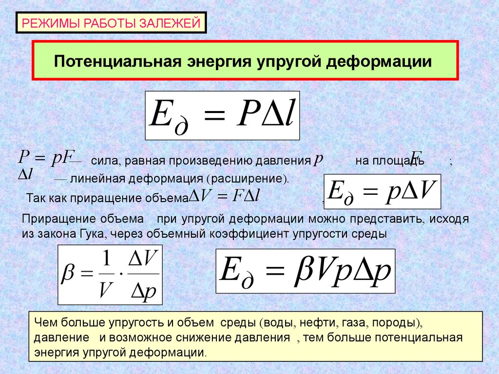 Потенциальная энергия упругого тела. Работа равна произведению давления на Дельта объём.