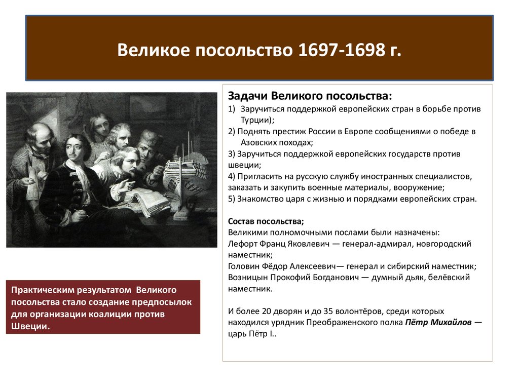 Генерал адмирал участник великого посольства 1697. Задачи Великого посольства 1697-1698. Участники Великого посольства 1697-1698. Великое посольство 1697 1698г. Результаты Великого посольства Петра.