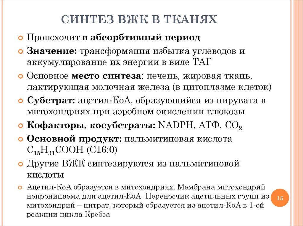 Синтез высших жирных. Биосинтез высших жирных кислот. Синтез ВЖК. Ключевая реакция синтеза ВЖК. Основные этапы синтеза ВЖК.