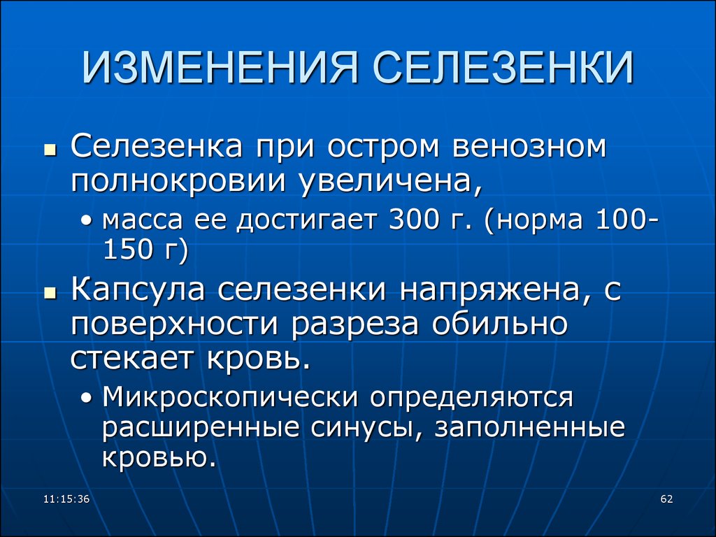 Реактивные изменения. Изменение селезенка при остром венозном полнокровии. Патогенез увеличения селезенки. Спленомегалия изменения.