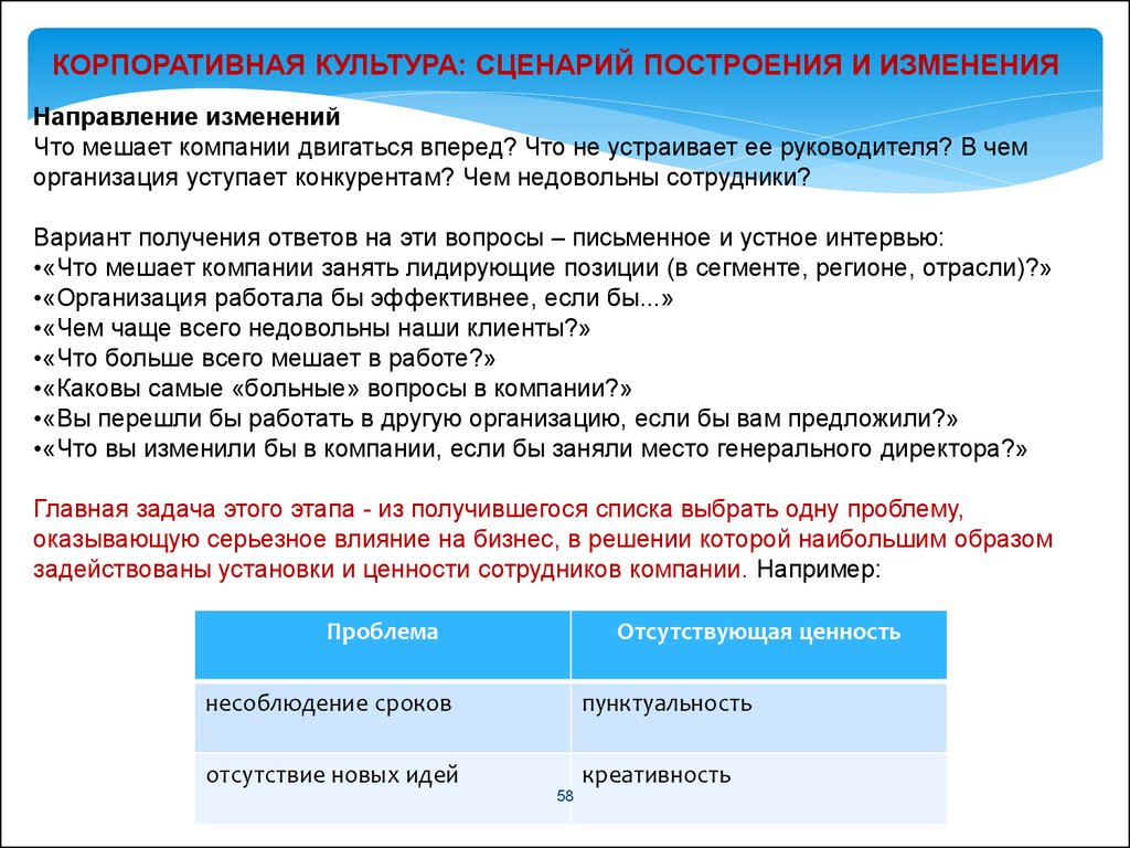 Построение сценария. Вопросы по корпоративной культуре. Направление изменений в организациях. Культурные сценарии.