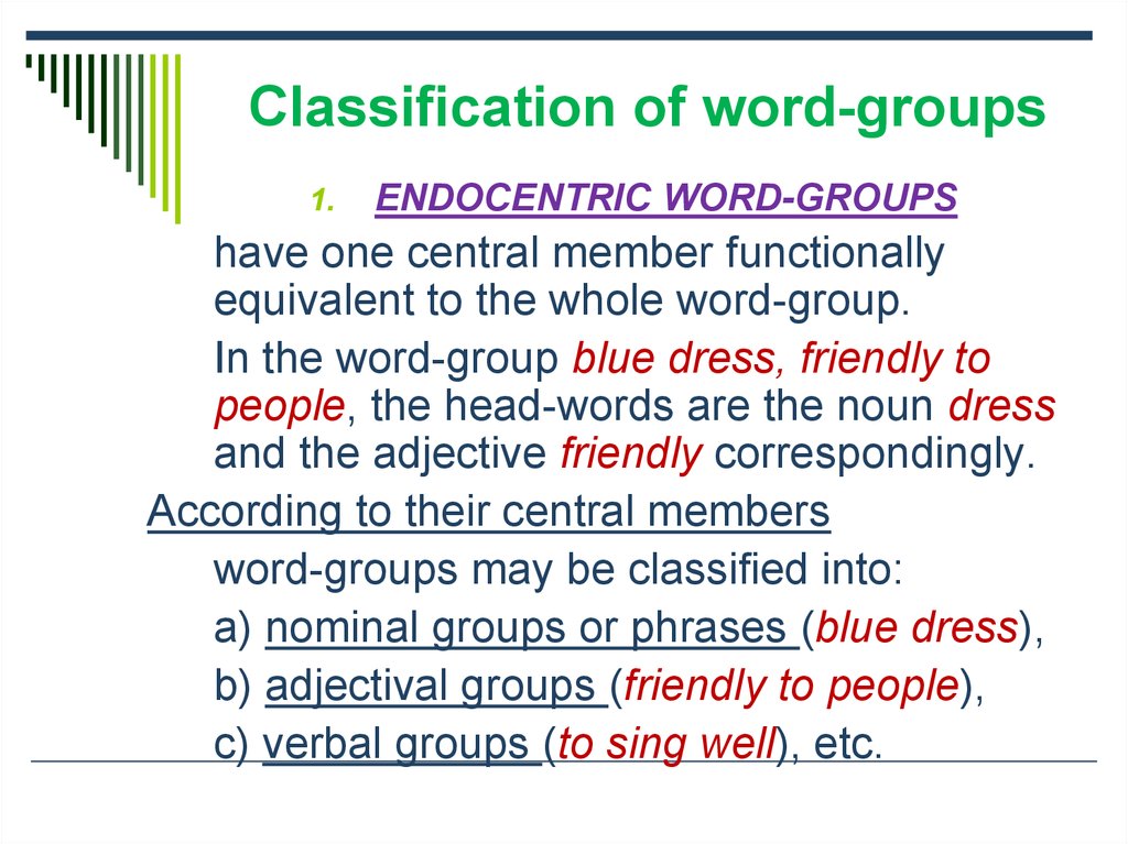 Grouping words. Endocentric Word-Group. Classification of Word Groups. Exocentric. Word Groups examples.