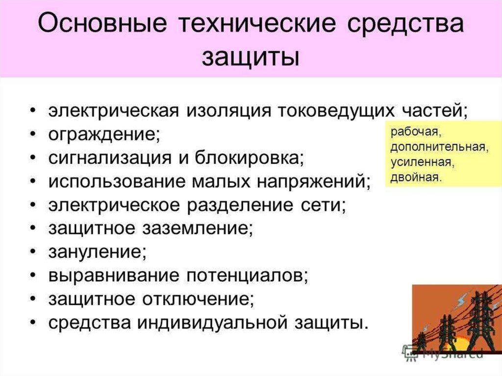 Средства защиты от электрического тока. Способы защиты электрооборудования?. Основные технические средства. Основные технические средства защиты:. Способы защиты от электротока.