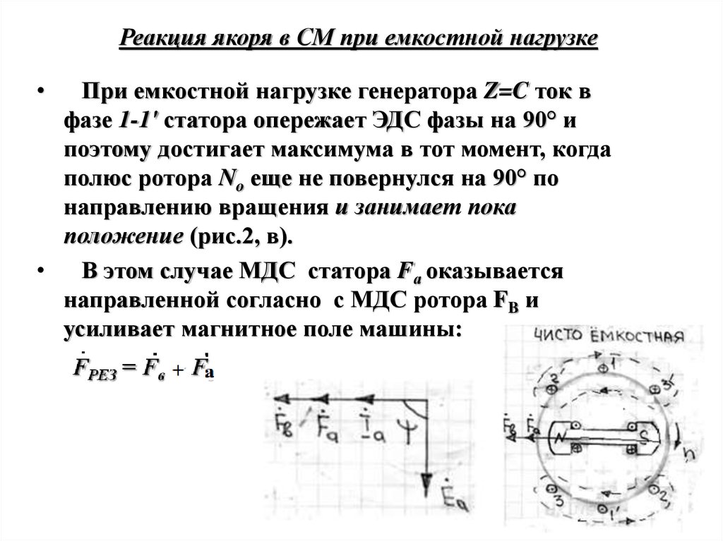 Синхронная эдс генератора. Емкостная нагрузка \синхронного генератора. Индуктивная нагрузка генератора. Реакция якоря синхронного генератора. Реакция якоря синхронного генератора при активно-емкостной нагрузке.