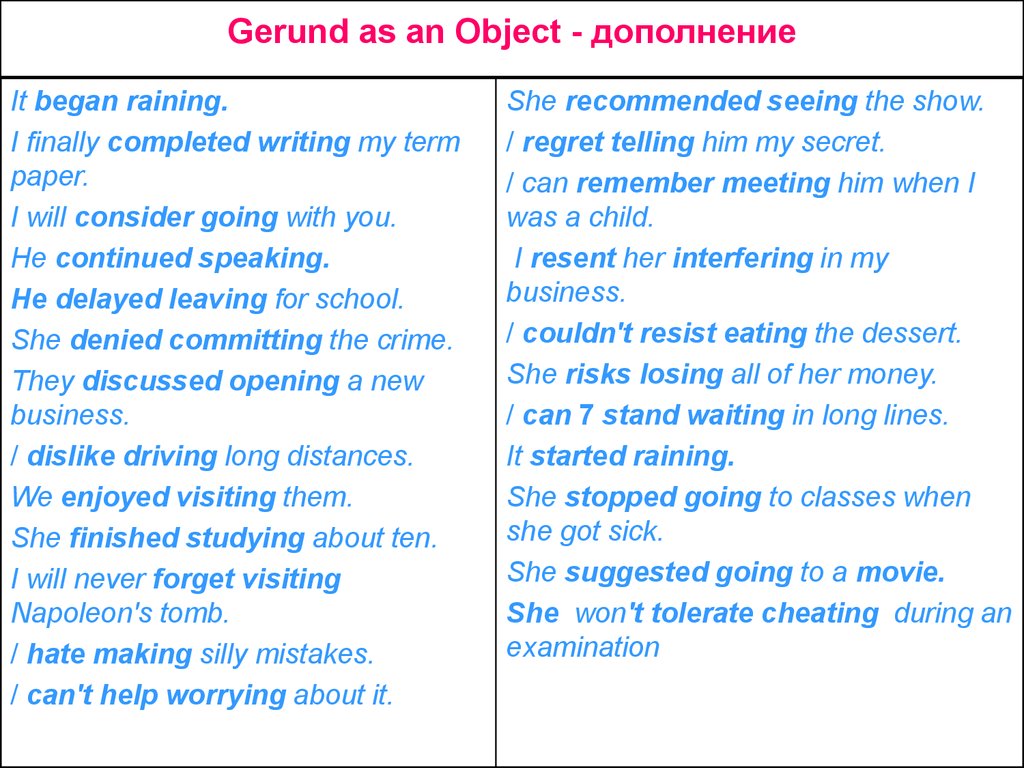 Gerund as an Object - дополнение
