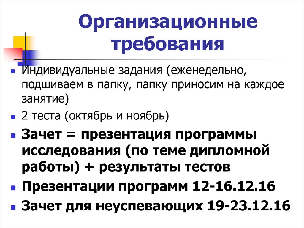 Индивидуален требует. Организационные требования. Организационные требования проекта. Виды организационных требований. Требования к презентации для зачета.