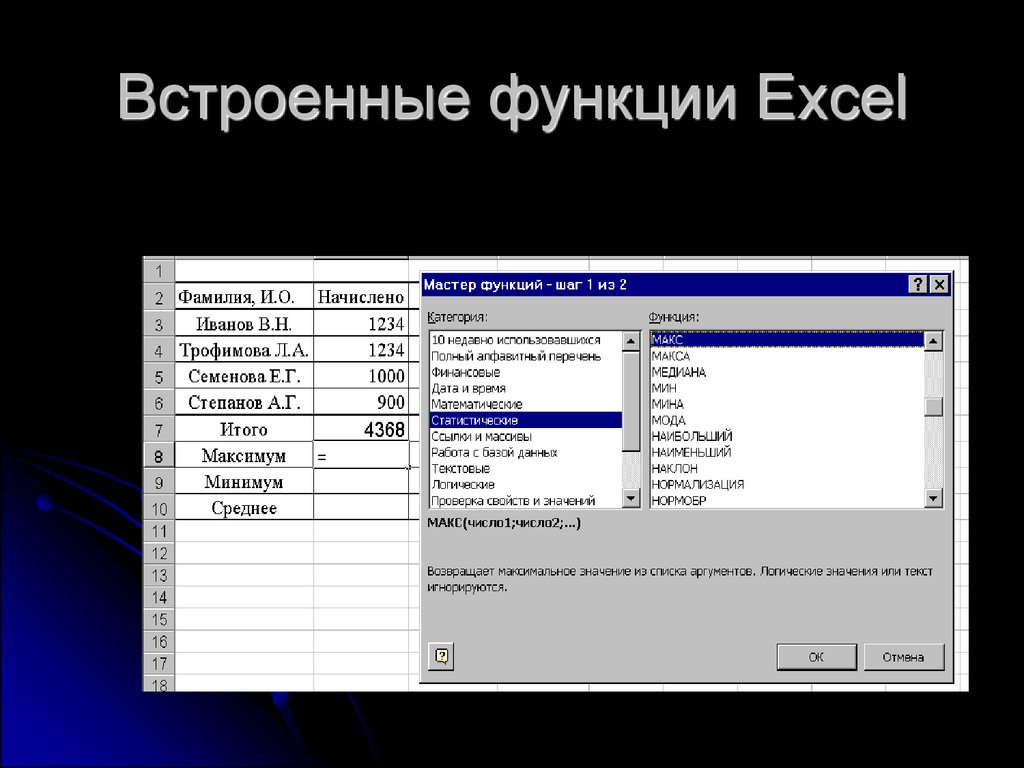 Какие функции использующие. Встроенных функций excel. Встроенные функции excel список. Таблица встроенные функции excel. Список встроенных функций excel.