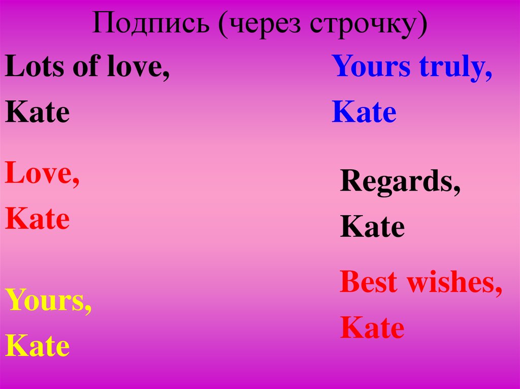 Подписать спустя. Best Wishes подпись. Lots of Love в письме. Подпись your Kate. Best Wishes сокращенно.