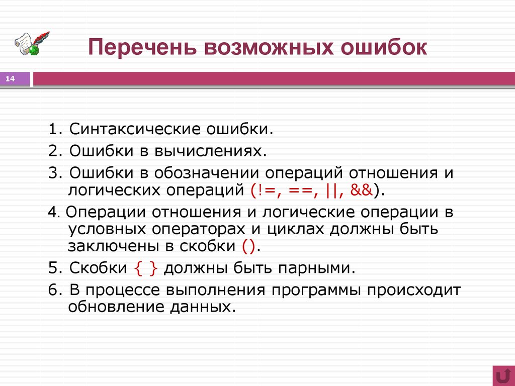 Перечень 3 6 3. Вычисление ошибки. Перечень возможных сбоев приводящих к потере ценной информации. Синтаксическая ошибка в условных операторах. Синтаксические логические ошибки и ошибки выполнения.