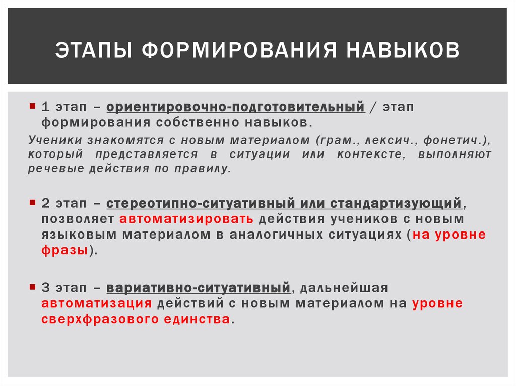 Формирование и развитие языков. Этапы формирования языковых навыков. Этапытформирования навыков. Стадии формирования навыка. Перечислите этапы формирования навыка?.