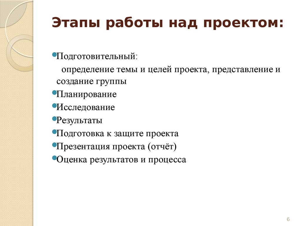 Этапы работы над проектом подготовительный этап выбор темы постановка целей и задач будущего проекта