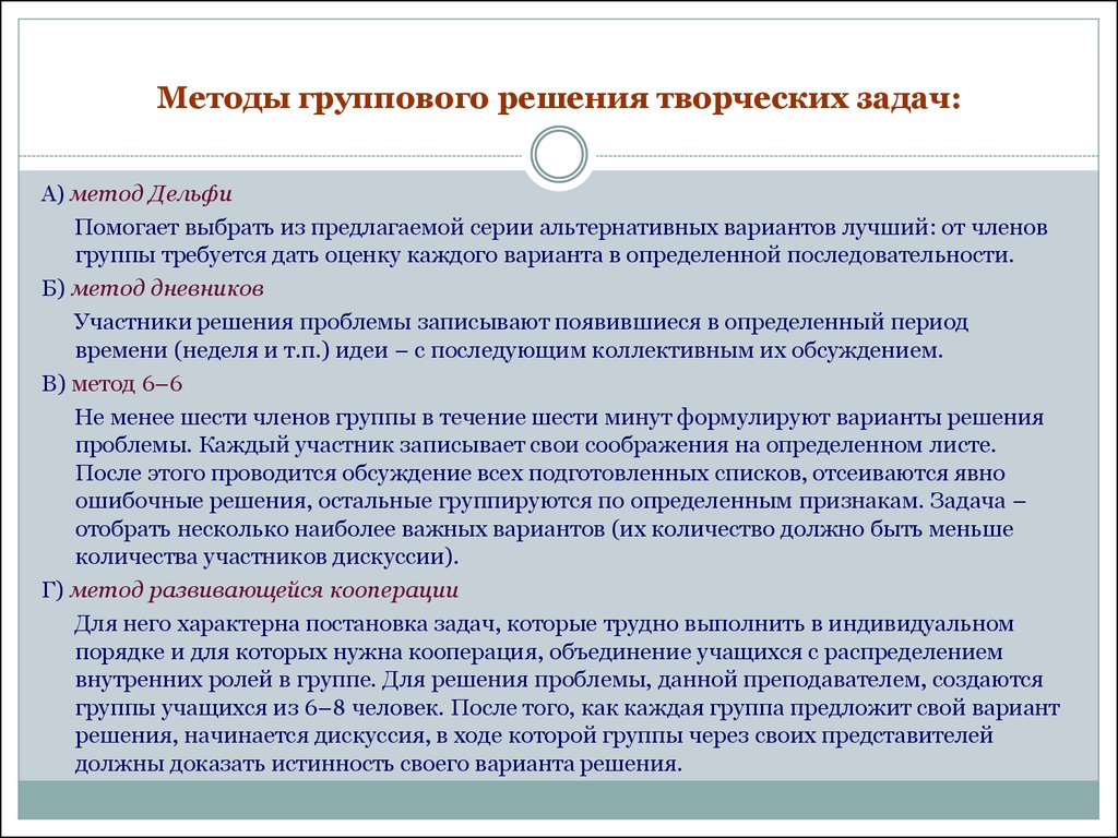 Методы решения. Алгоритм решения творческих задач. Методики решения творческих задач. Методы группового решения творческих задач. Методы поиска решений творческих задач.