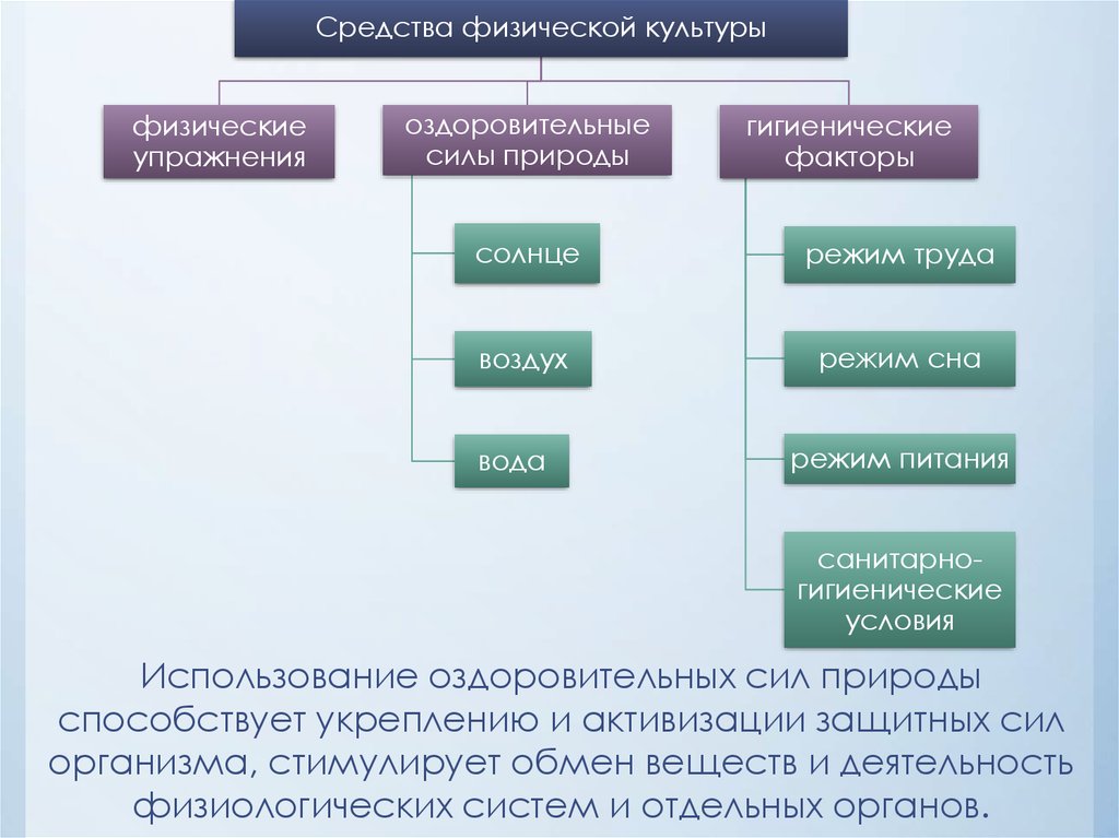 Какой средство физического. Оздоровительные силы природы и гигиенические факторы. Классификация защитных сил организма. Средства физического воспитания Естественные силы природы. Стимуляция обмена веществ и деятельность физиологических систем.