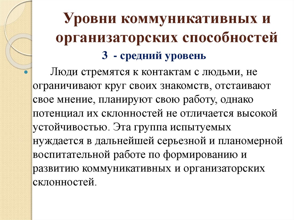 Коммуникативный уровень. Уровень развития организаторских способностей. Низкий уровень коммуникативных и организаторских способностей. Высокий уровень коммуникативных способностей. Уровни организаторских способностей.