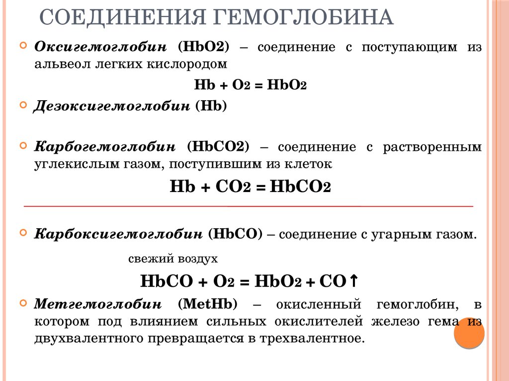 Схема связывания газов гемоглобином карбокси и метгемоглобин