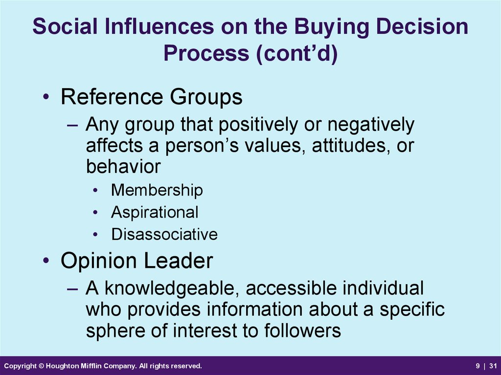 Social Influences on the Buying Decision Process (cont’d)