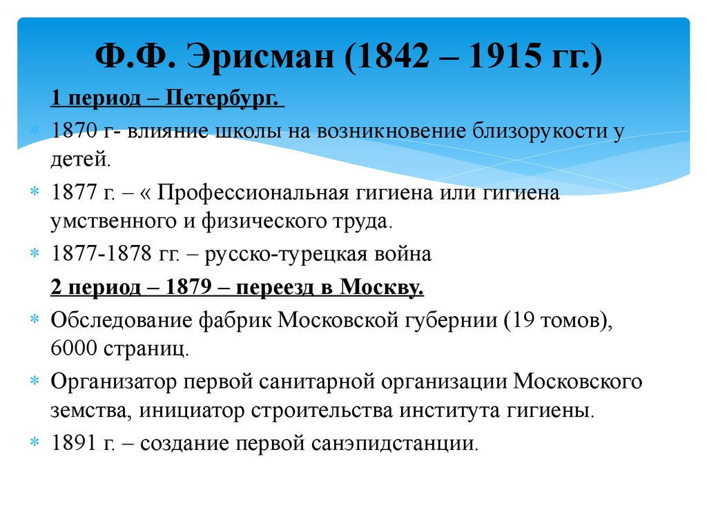 1 период. Ф Ф Эрисман гигиена. Ф. Ф. Эрисмана (1842 – 1915 г). Федор Федорович Эрисман труды. Эрисман основоположник научной гигиены в России.