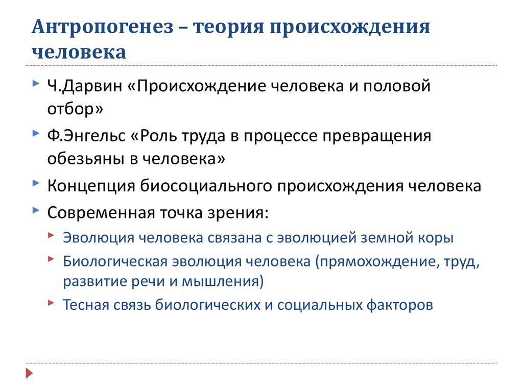 Концепции происхождения. Концепции и теории происхождения человека. Современные теории антропогенеза. Антропогенез теории происхождения человека. Основные теории антропогенеза.