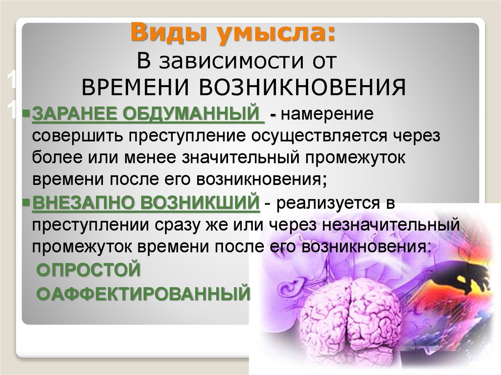 Виды умысла. Простой и аффектированный умысел. Заранее обдуманный и внезапно возникший умысел. Виды умысла по времени возникновения.