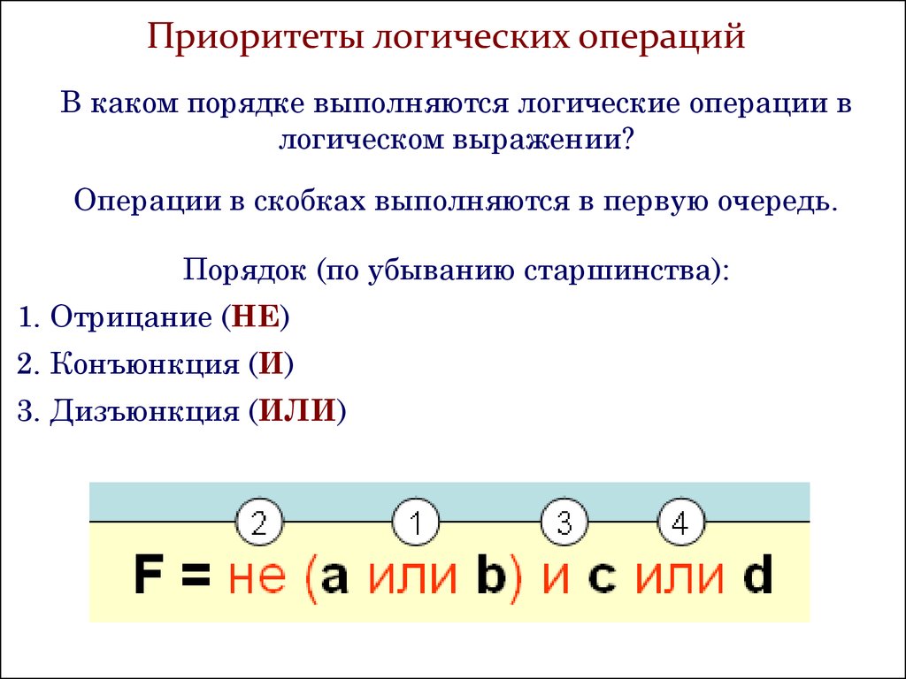 Какая операция будет выполняться первое выражение. Логические операции в порядке приоритета. Порядок старшинства логических операций. Приоритет выполнения логических операций. Порядок приоритетов вычисления логических операций.