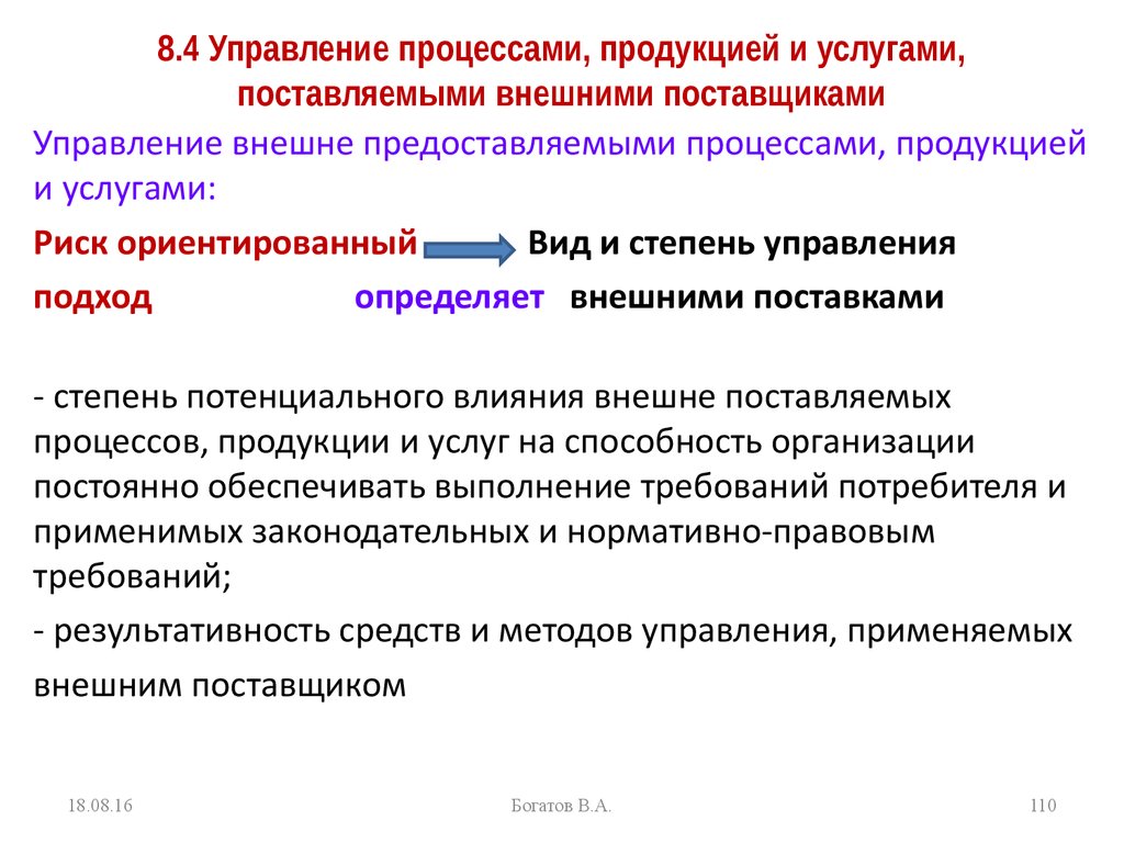 8.4 Управление процессами, продукцией и услугами, поставляемыми внешними поставщиками