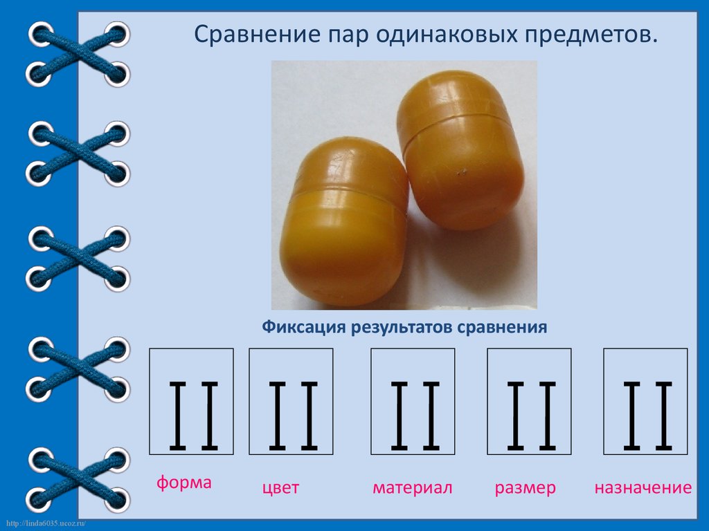 Сравнение пар. Сравнение одинаковых объектов. Фиксация предметов неправильной формы. Сличение форма. Закрепление результата в знаковых формах.