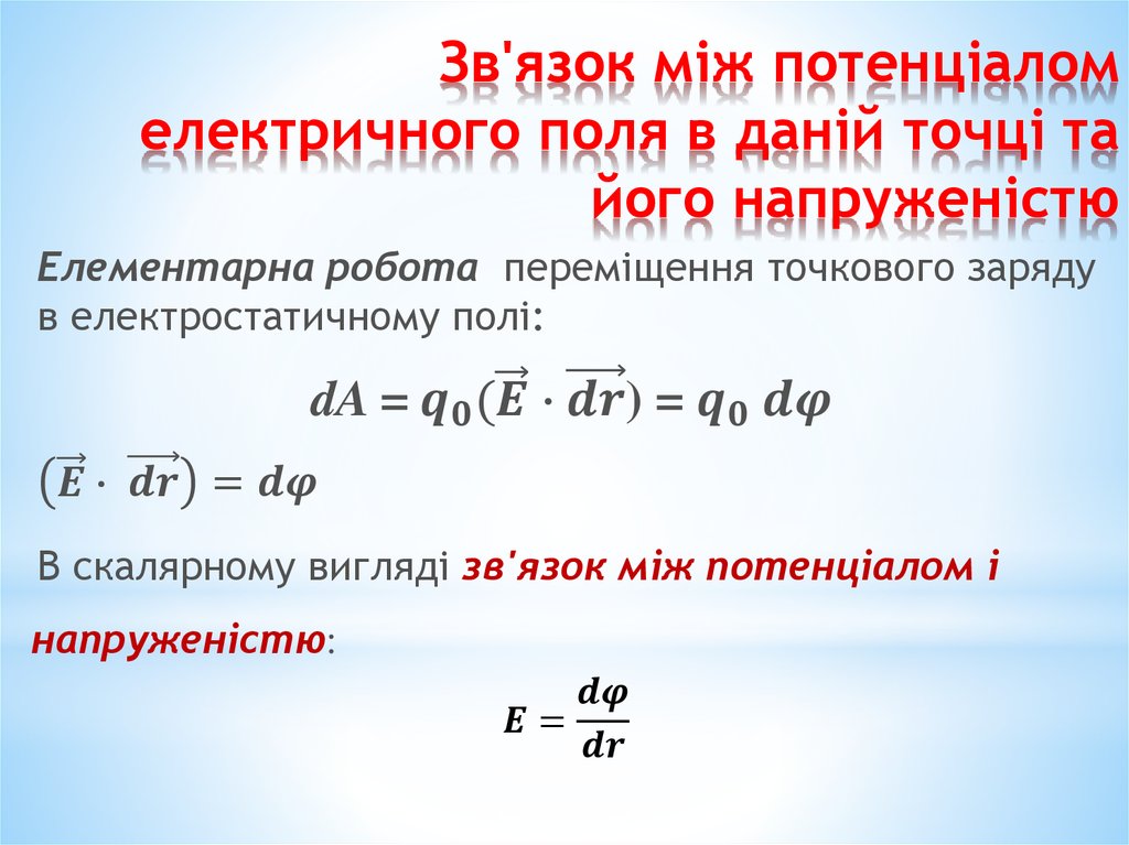 Зв'язок між потенціалом електричного поля в даній точці та його напруженістю