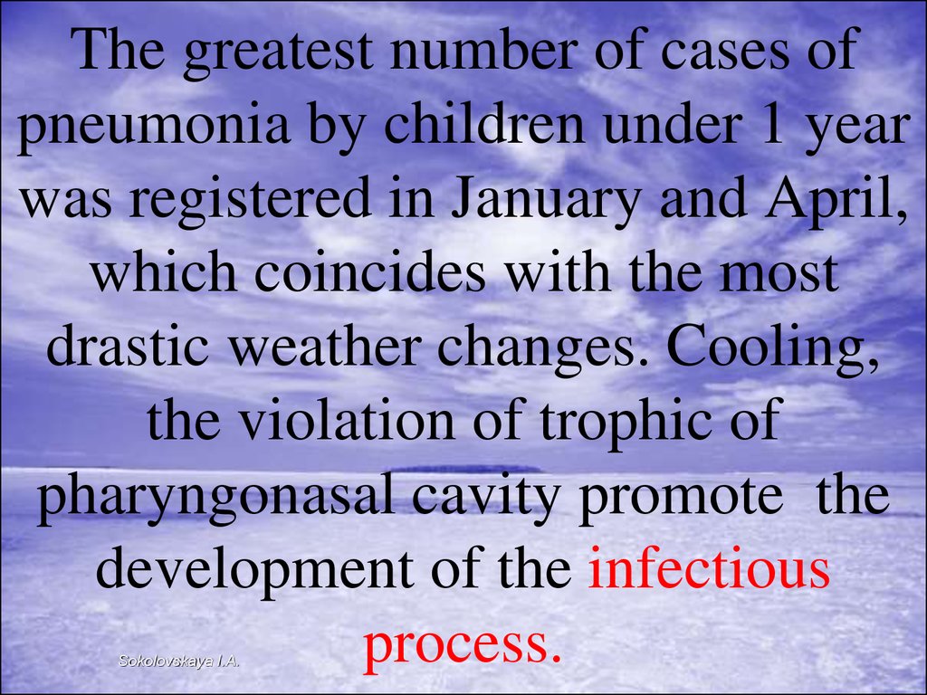 The greatest number of cases of pneumonia by children under 1 year was registered in January and April, which coincides with the most drastic weather changes. Cooling, the violation of trophic of pharyngonasal cavity promote the development of the infecti