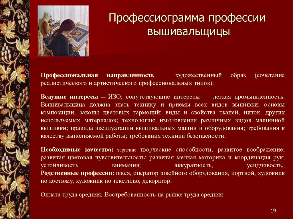 Приемы художественного образа. Профессиограмма профессии художник. Вышивальщица профессиограмма. Презентация на тему профессия вышивальщица. Задачи художественного образа.