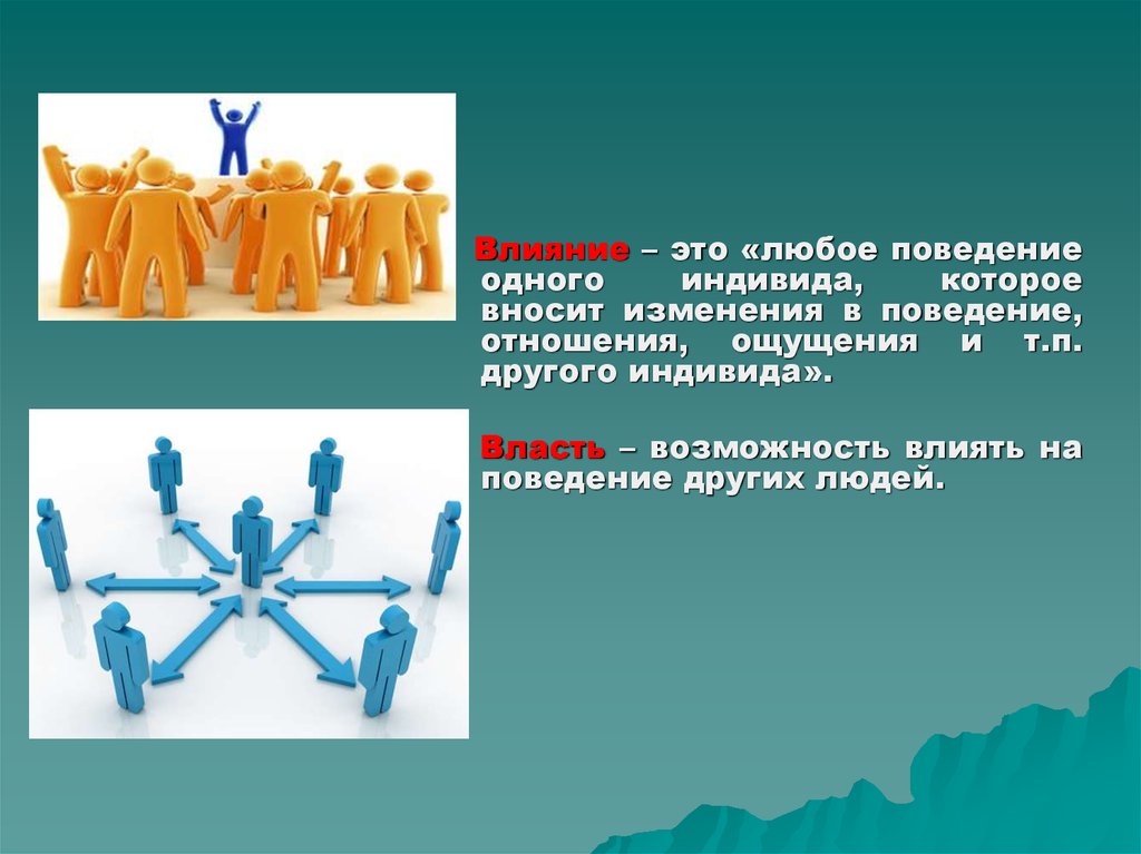 Воздействие на поведение. Влияние. Возможность влиять на поведение других людей это. Влияние это любое поведение одного индивида. Возможность влиять на других людей это.