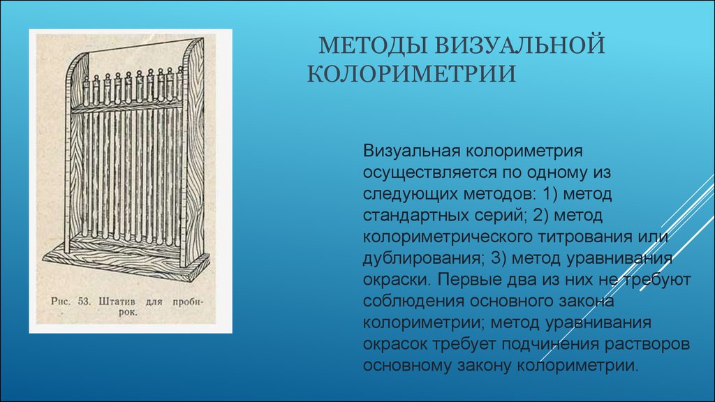 Первые способы. Визуальная колориметрия. Методы колориметрии. Метод визуальной колориметрии. Визуально-колориметрический метод.