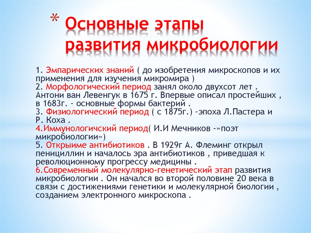 Кратко основные. Основные периоды развития микробиологии. Основные этапы исторического развития микробиологии. Этапы развития микробиологии таблица. Основоположник морфологического этапа развития микробиологии.