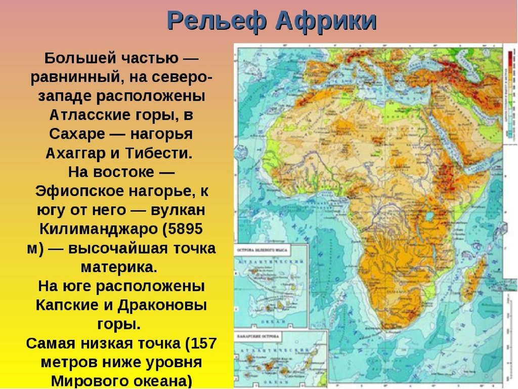Какой крупный рельеф. Рельеф Африки 7 класс низменности. Африка карта географическая рельеф горы Атласские. Горная система атлас на карте Африки. Рельеф Африки 7 класс география карта.