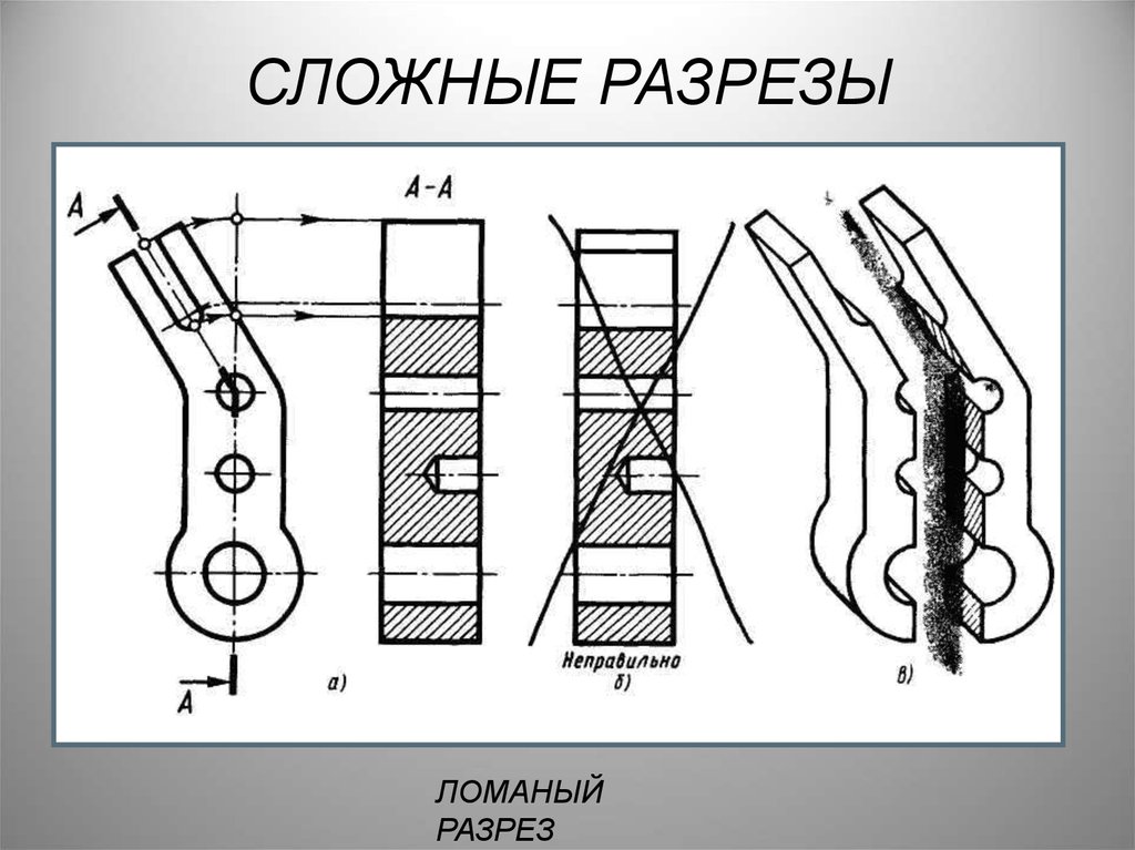 Проведенный разрез. Выполнить сложный ломаный разрез. Ломаный разрез на чертеже. Ломаный разрез черчение. Сложный ломаный разрез на чертеже.