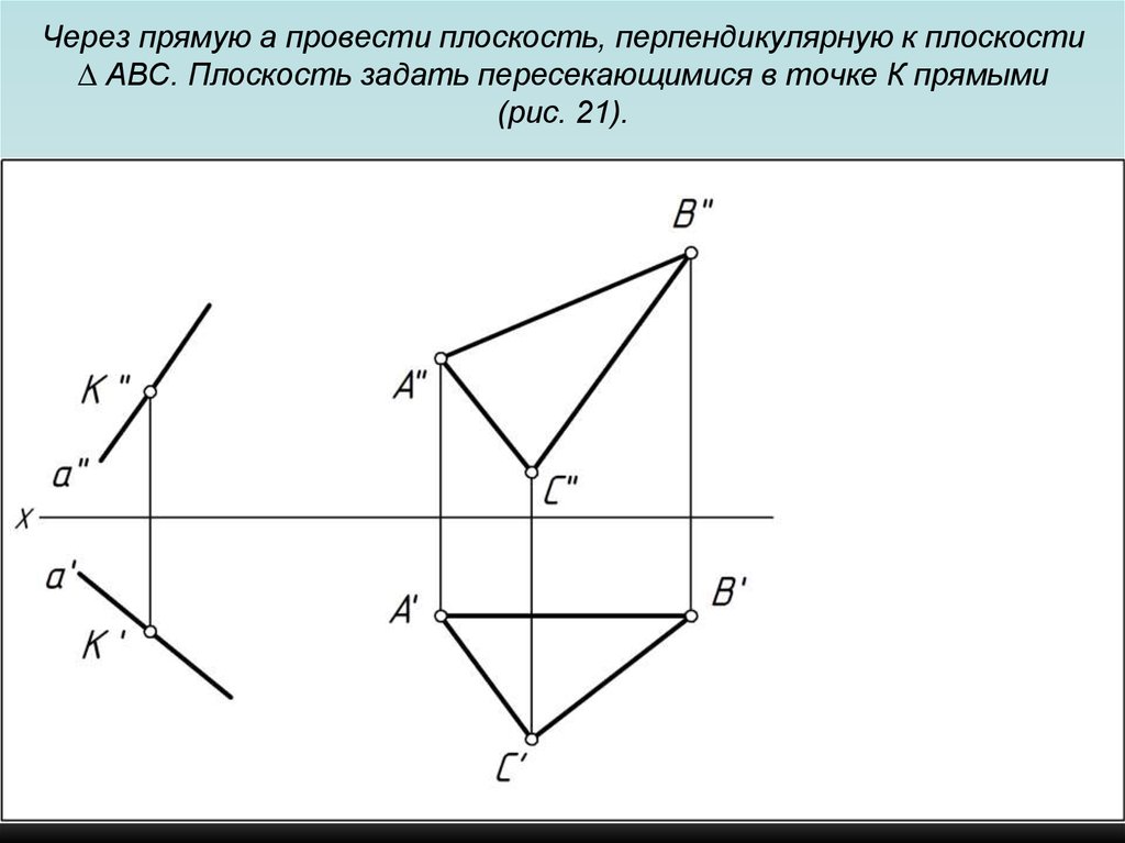 Скрещивающиеся прямые чертеж. Через прямую MN провести плоскость перпендикулярную плоскости АВС. Задать плоскость, перпендикулярную (параллельную) прямой;. Плоскость перпендикулярная плоскости п1. Плоскость треугольника АВС параллельная плоскости п1.