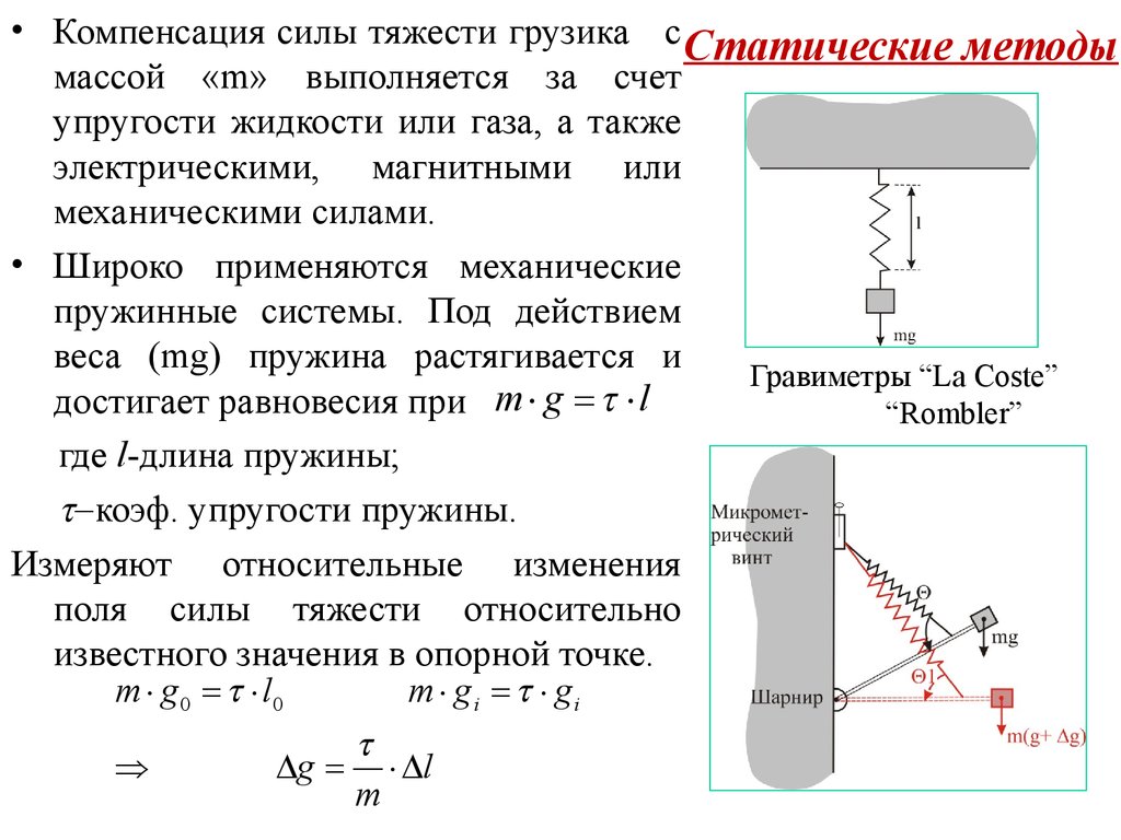 Широкие усилия. Методы измерения силы тяжести. Статические методы. Упругость жидкости. Статический метод упругости.