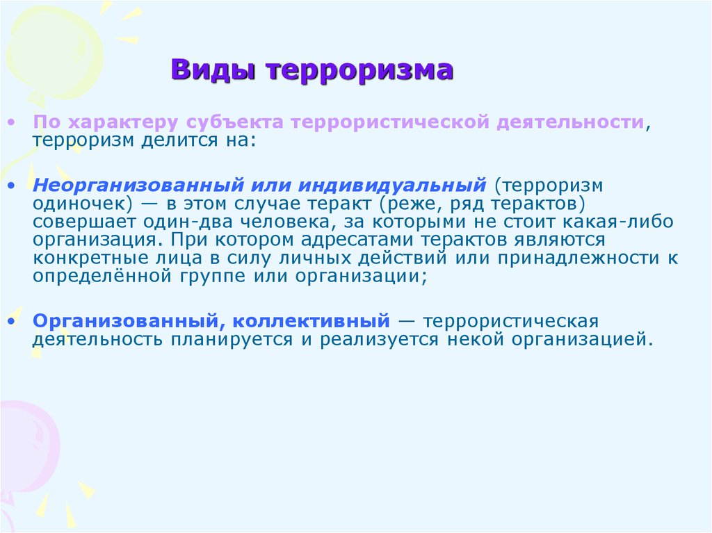 Субъекты терроризма. Виды терроризма по характеру субъекта. Неорганизованный или индивидуальный терроризм. Характер субъекта террористической деятельности. Терроризм делится на: неорганизованный или индивидуальный.