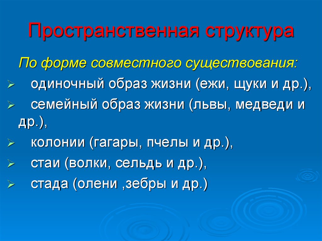 Совместный существующий. Пространственная структура по форме совместного существования:. Пространственная структура волка. Одиночный или семейный образ жизни ведут. Пространственная структура колонии пчела.