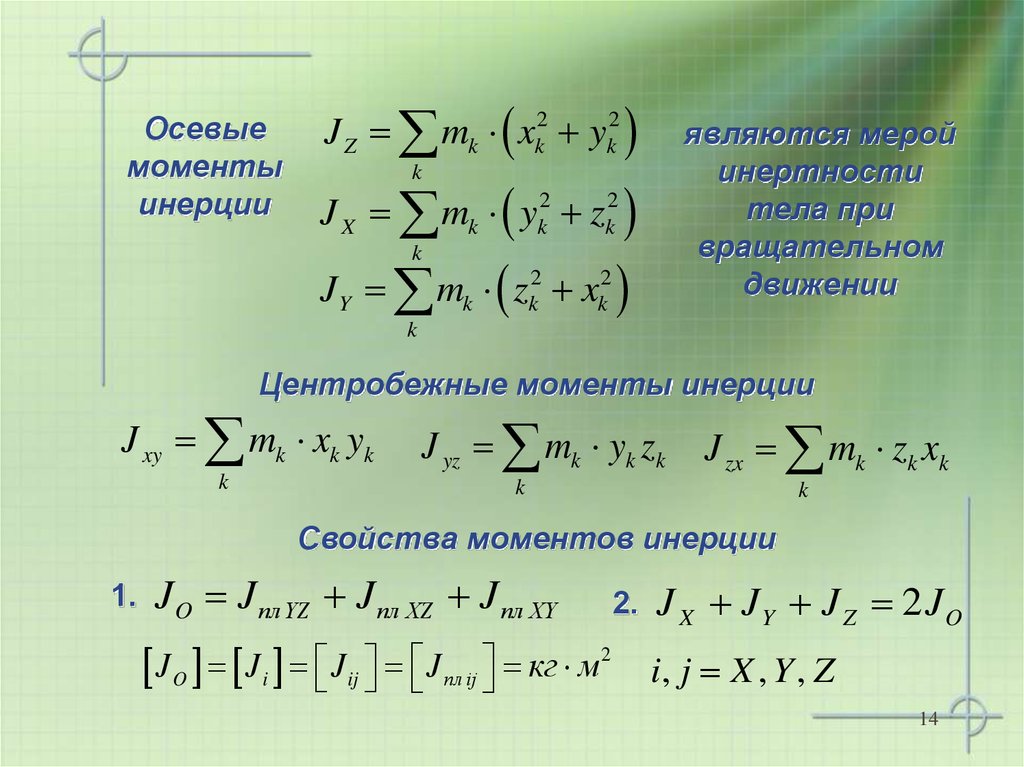 Свойства моментов. Центробежный момент инерции. Центробежные моменты инерции тела. Осевые и центробежные моменты инерции твердого тела. Центробежные моменты инерции механической системы.