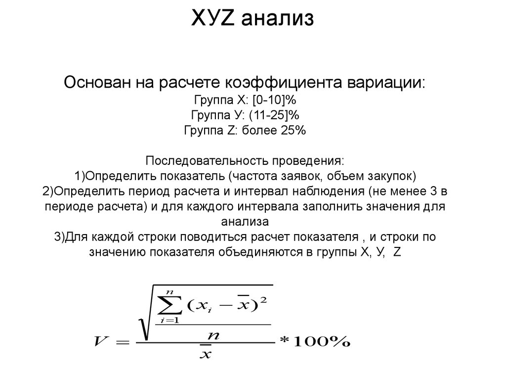 Xyz вывод. Xyz анализ коэффициент вариации. Xyz анализ коэффициент вариации формула. Формула для расчета коэффициента вариации xyz анализ. Последовательность проведения анализа xyz.