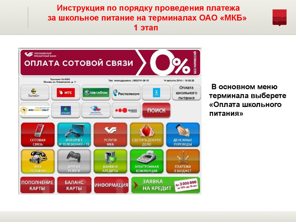 Проведение оплаты. Оплата школьного питания по лицевому. Мкб терминалы меню. Терминал оплаты школьного питания. Информационная система проход и питание.